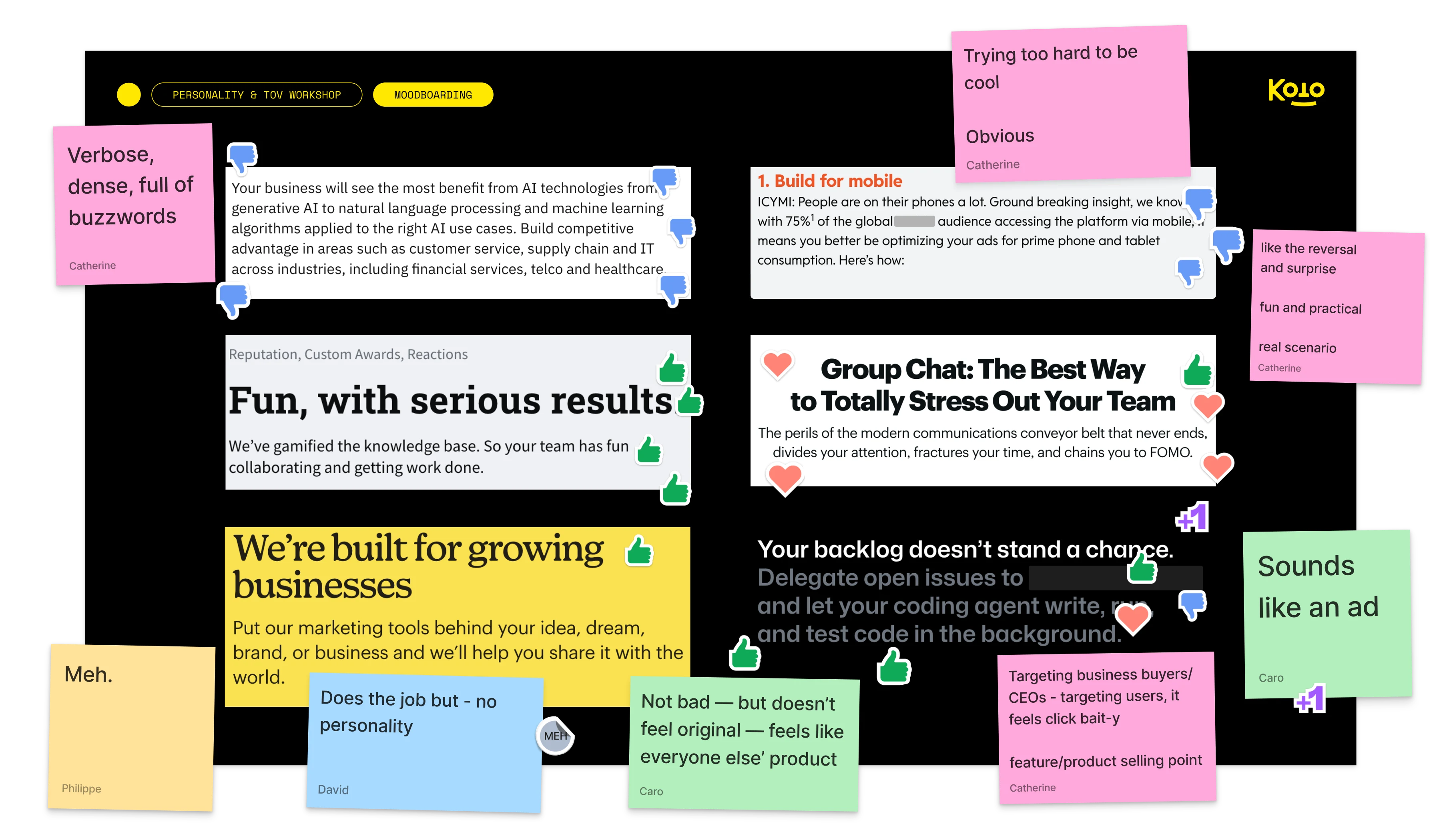 A personality and tone-of-voice workshop board, with sticky-note reactions to sample marketing copy