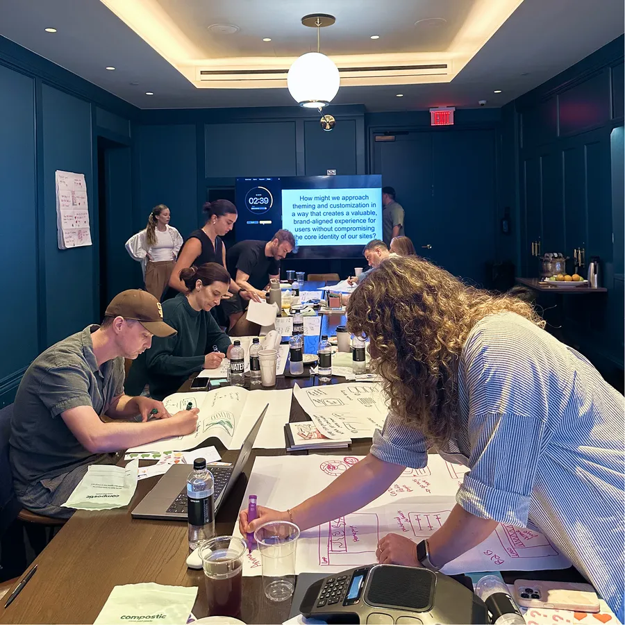 Koto and Stack Overflow working through product theming questions during a workshop in Nashville, sketches and sticky notes covering the table