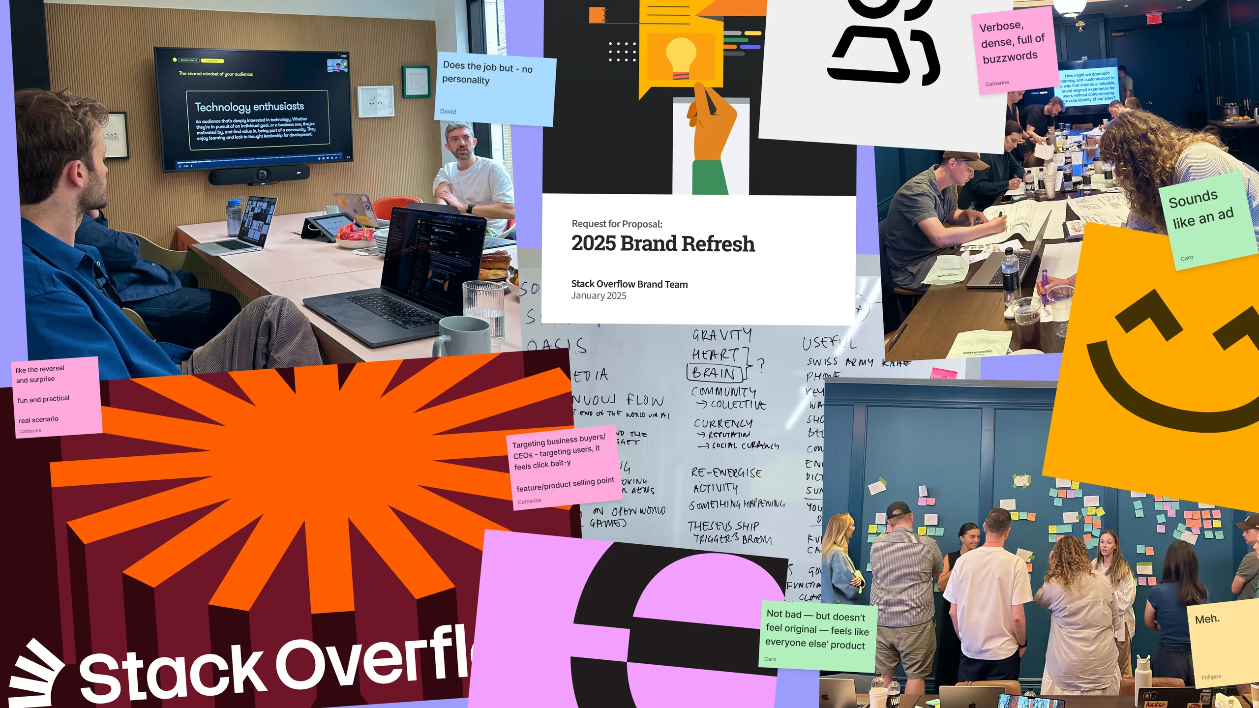 A collage from the Stack Overflow rebrand: workshop photos from London and Nashville, a whiteboard of brand ideas, the RFP cover, sticky-note reactions, and early brand shapes and icons